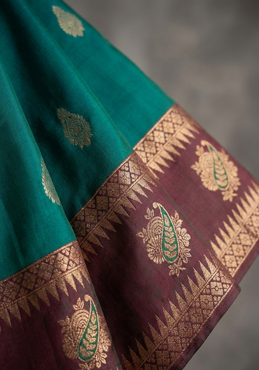 Sea Green & Maroon Resham Silk Saree With Traditional Zari Work - No. AA2602
