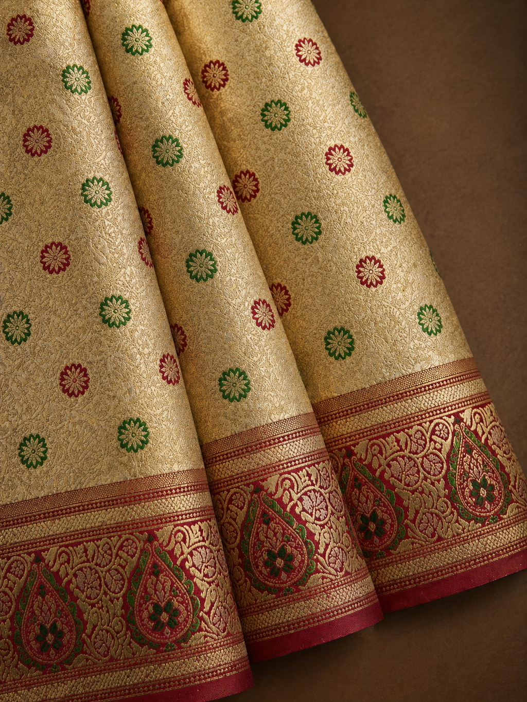 Cream Gold Soft Silk Kanjivaram Saree with Crimson Meenakari Floral Butti and Paisley Border