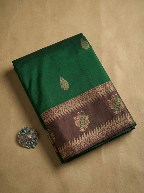 Bottle Green & Brown Resham Kanjivaram Silk Saree With Zari Border - No. AA2602