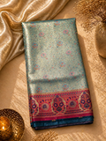 Sky Teal Soft Silk Kanjivaram Saree with Magenta Meenakari Floral Butti and Mughal Border