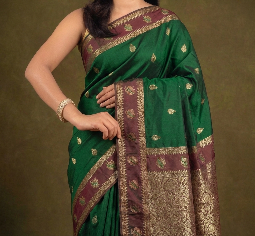 Bottle Green & Brown Resham Kanjivaram Silk Saree With Zari Border - No. AA2602