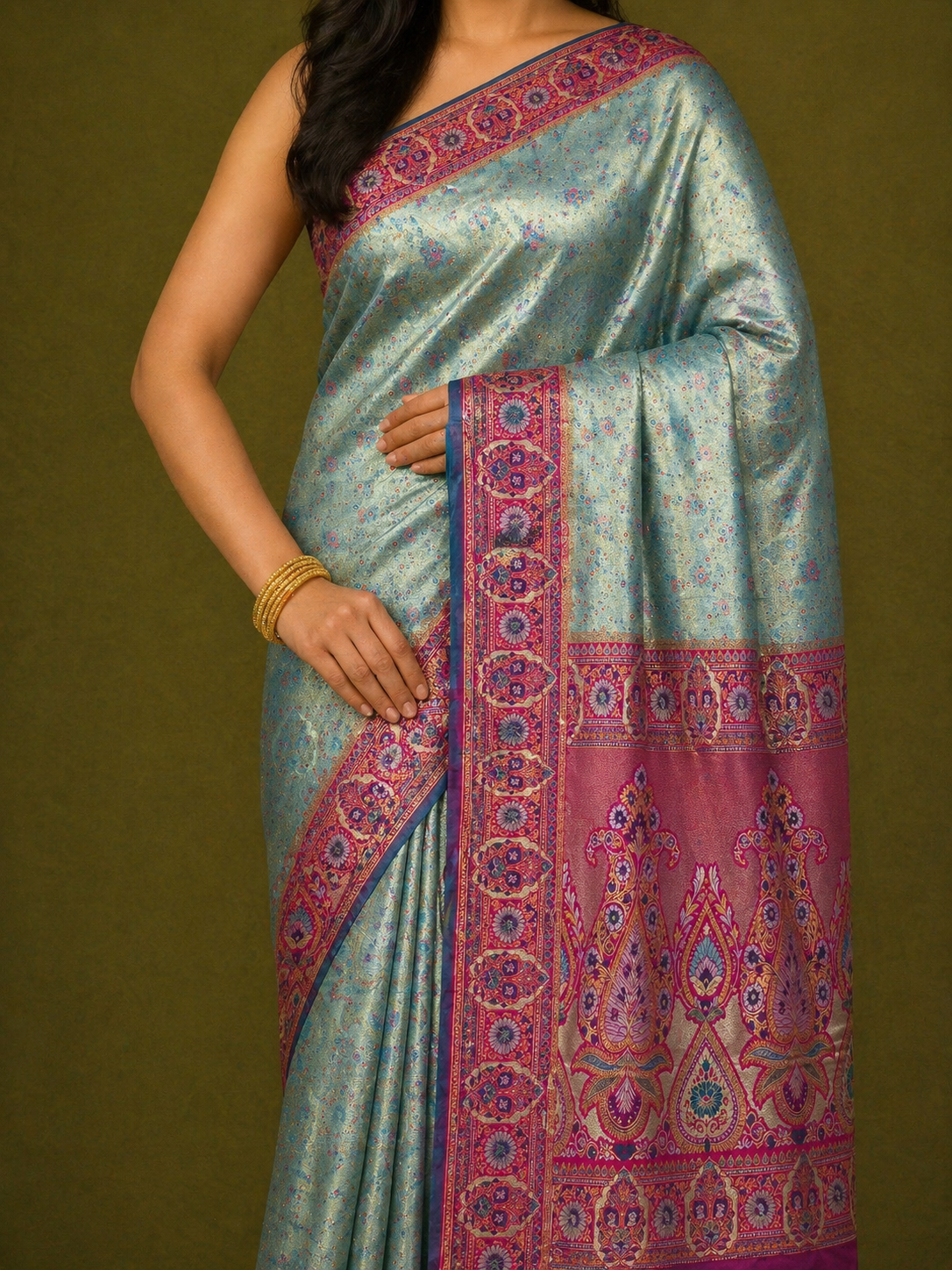 Sky Teal Soft Silk Kanjivaram Saree with Magenta Meenakari Floral Butti and Mughal Border