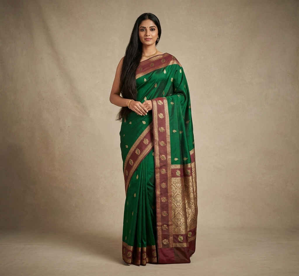Bottle Green & Brown Resham Silk Saree With Zari Border - No. AA2602