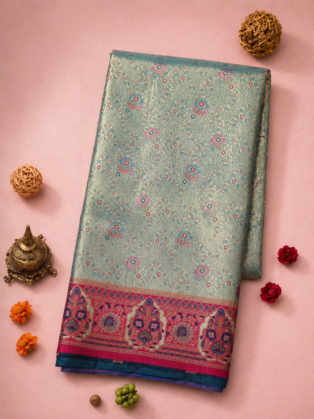 Sky Teal Soft Silk Kanjivaram Saree with Magenta Meenakari Floral Butti and Mughal Border