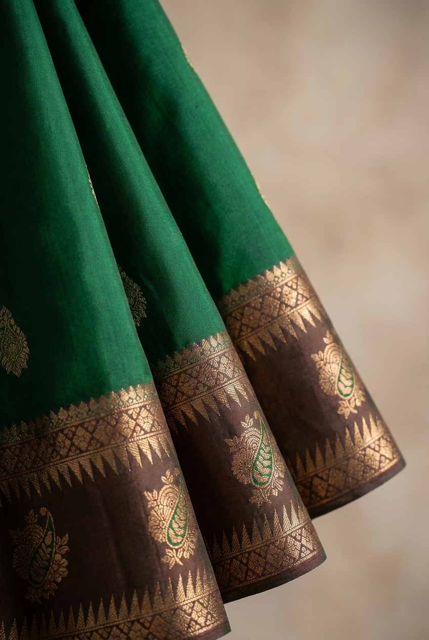 Bottle Green & Brown Resham Silk Saree With Zari Border - No. AA2602
