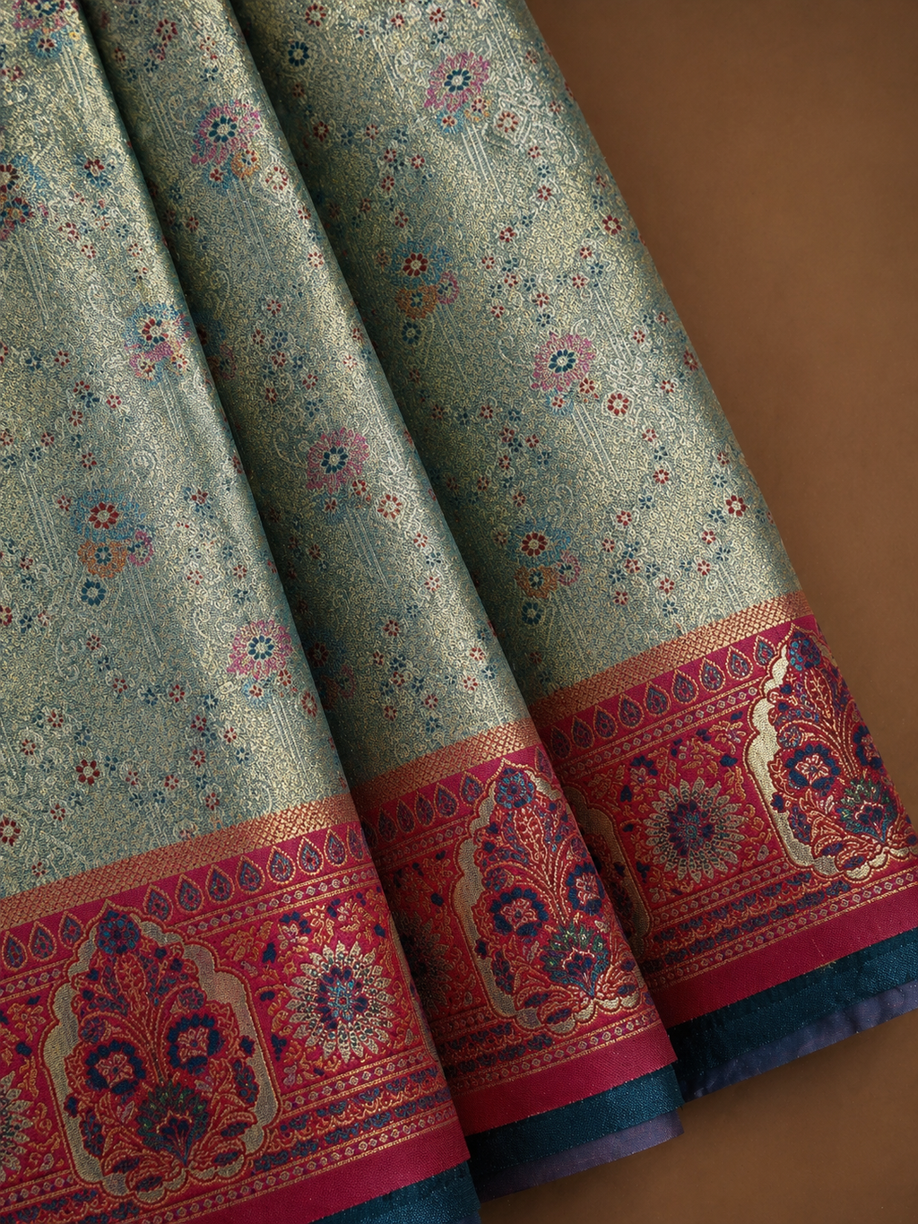 Sky Teal Soft Silk Kanjivaram Saree with Magenta Meenakari Floral Butti and Mughal Border