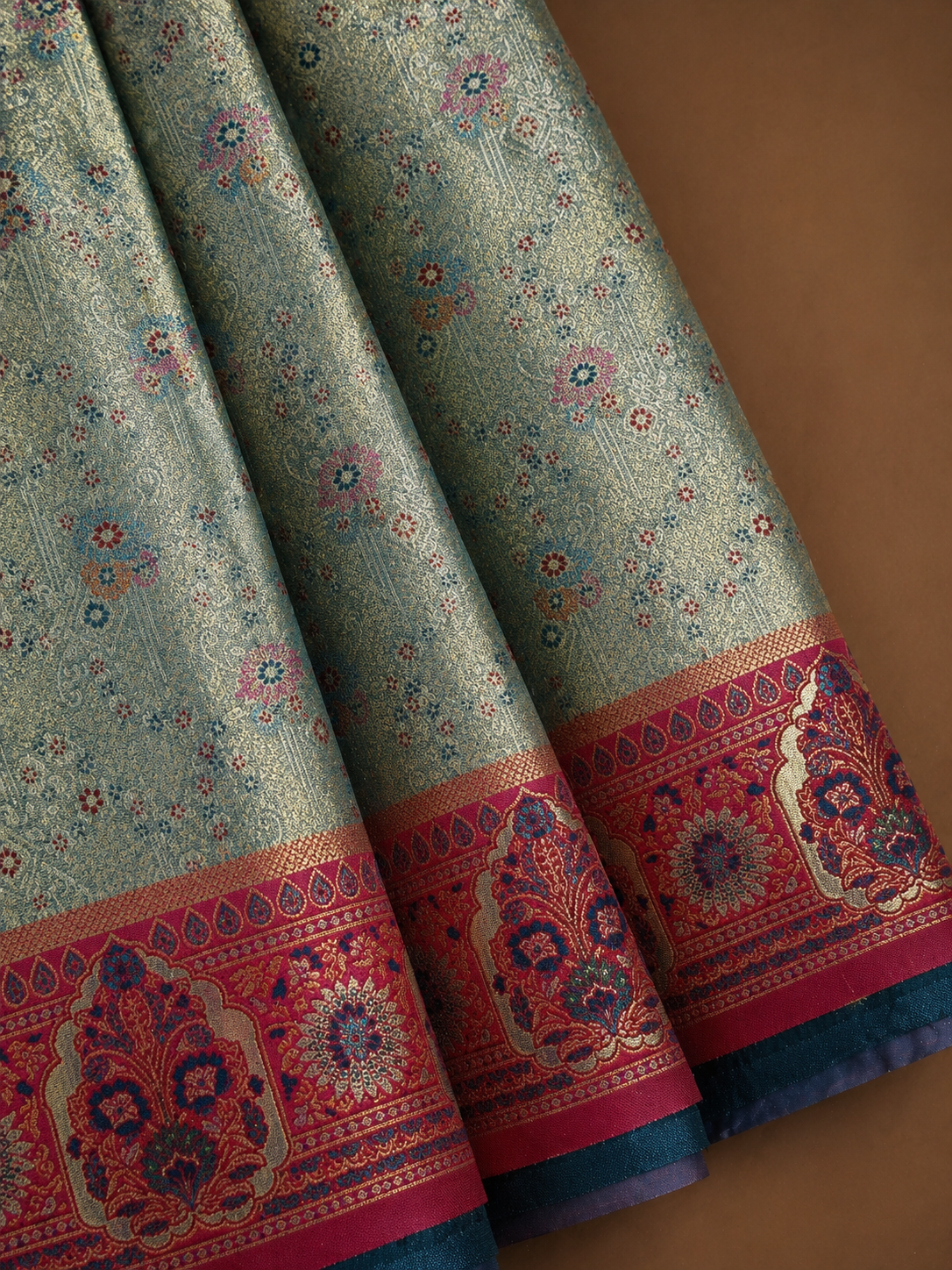 Sky Teal Soft Silk Kanjivaram Saree with Magenta Meenakari Floral Butti and Mughal Border