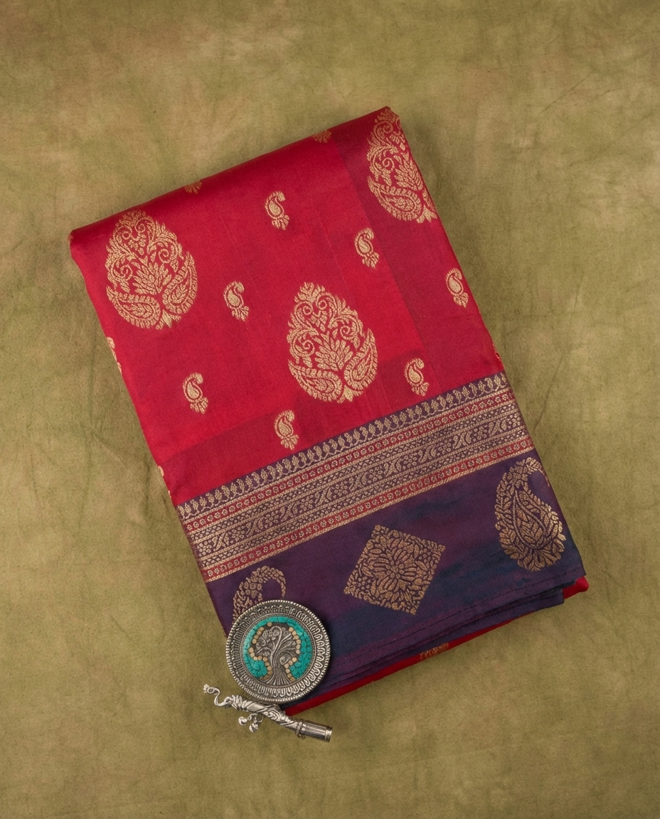 Rani Pink & Purple Resham Kanjivaram Silk Saree With Gold Zari Work - No. AA2602