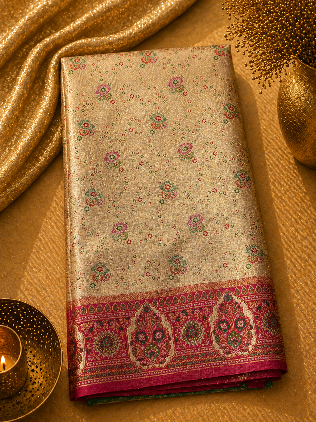 Antique Gold Soft Silk Kanjivaram Saree with Magenta Meenakari Medallion Border