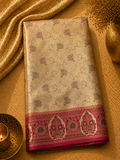 Antique Gold Soft Silk Kanjivaram Saree with Magenta Meenakari Medallion Border
