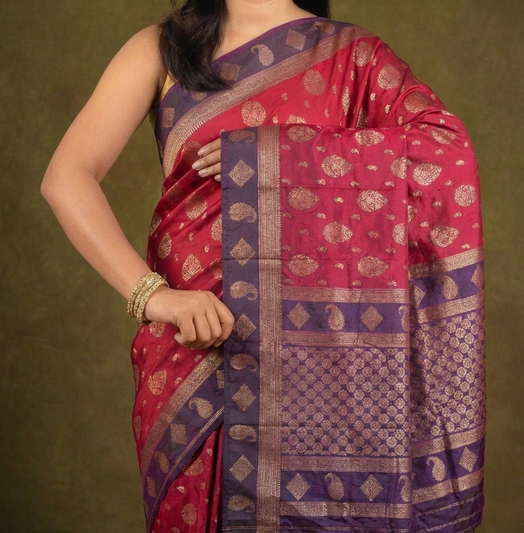 Rani Pink & Purple Resham Silk Saree With Gold Zari Work - No. AA2602
