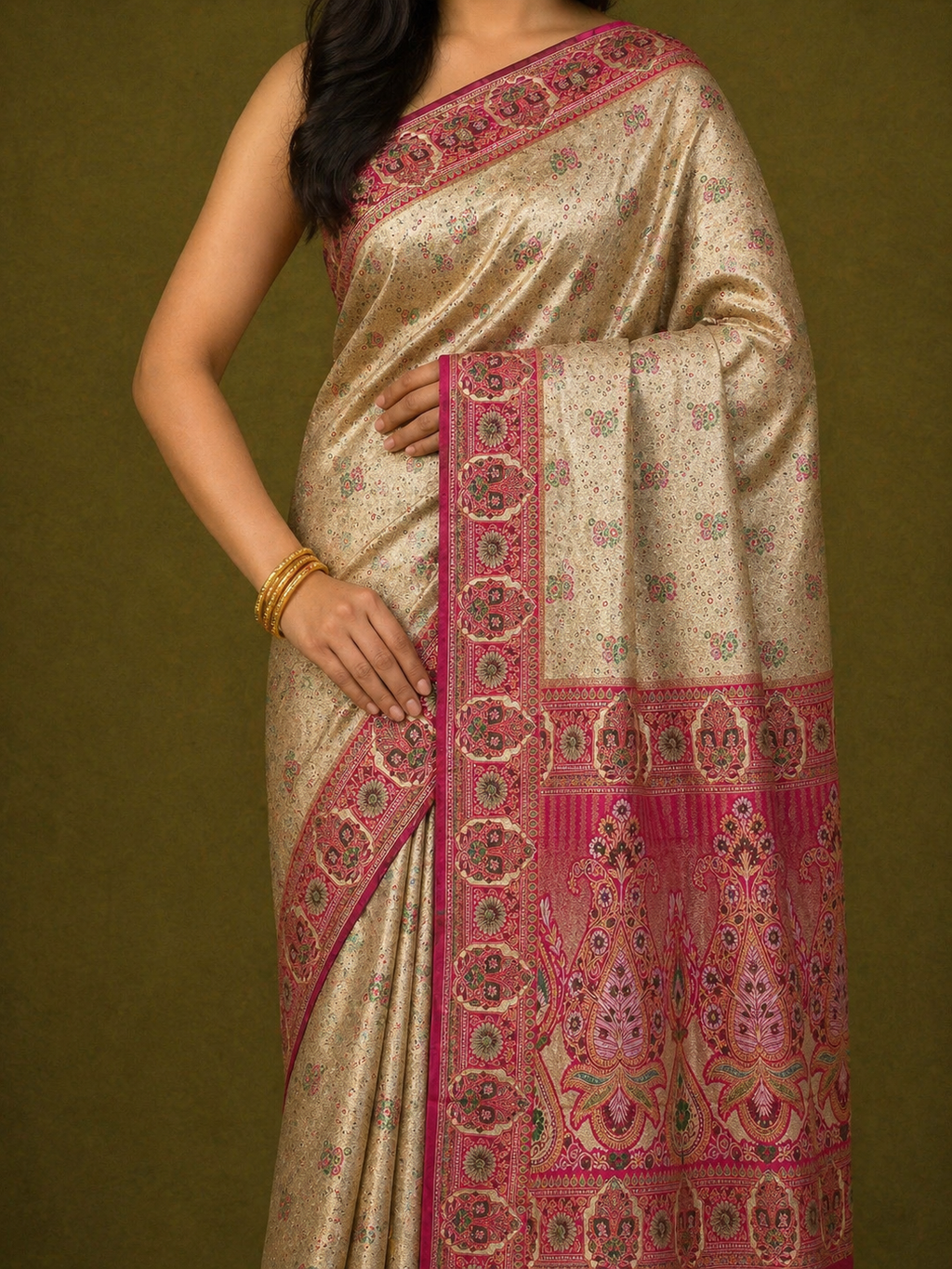 Antique Gold Soft Silk Kanjivaram Saree with Magenta Meenakari Medallion Border