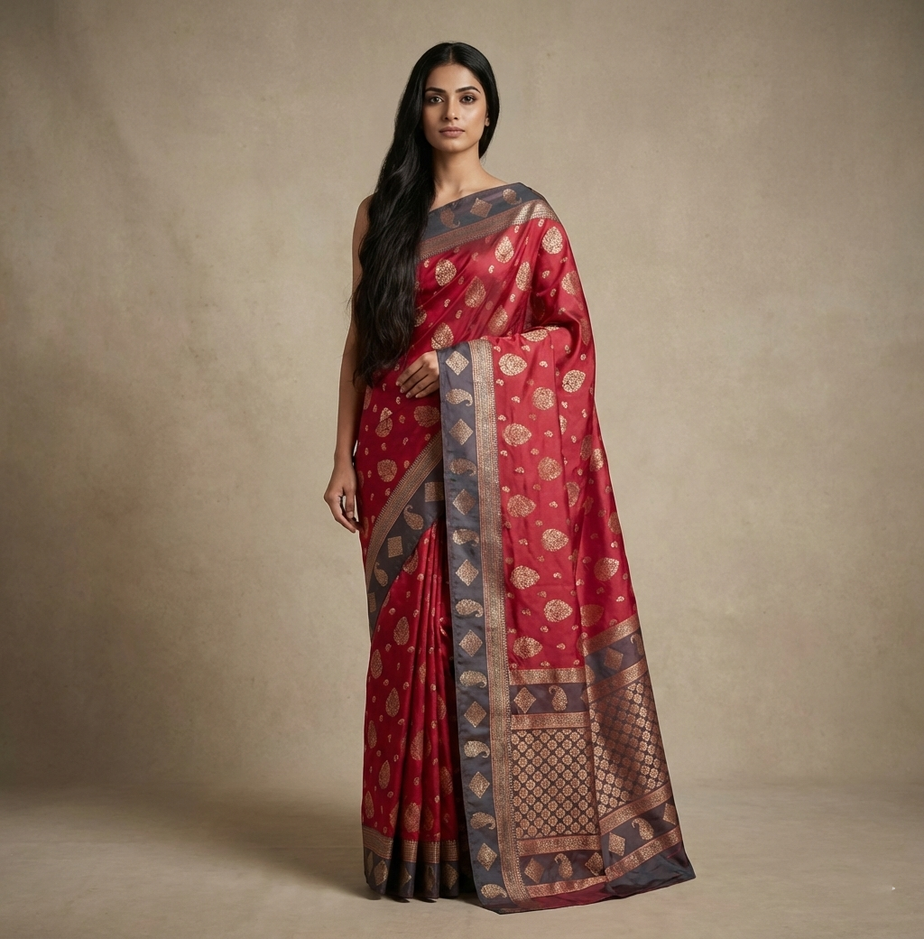 Rani Pink & Purple Resham Silk Saree With Gold Zari Work - No. AA2602