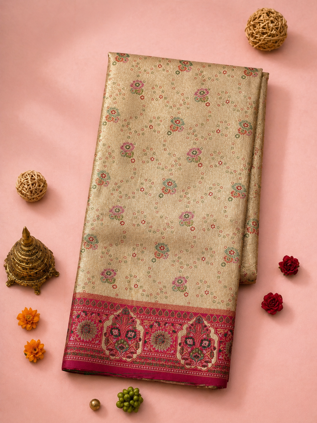 Antique Gold Soft Silk Kanjivaram Saree with Magenta Meenakari Medallion Border