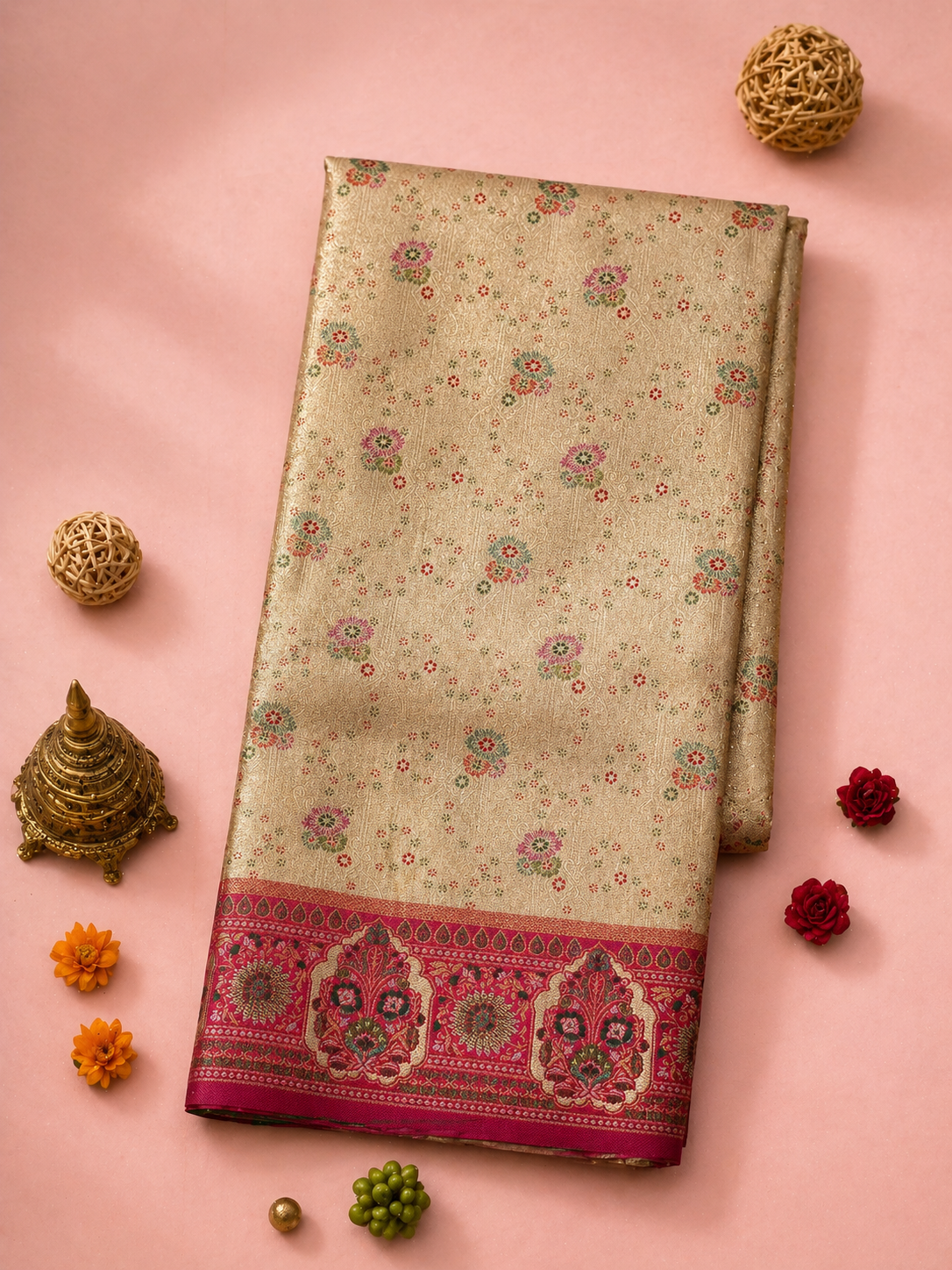 Antique Gold Soft Silk Kanjivaram Saree with Magenta Meenakari Medallion Border