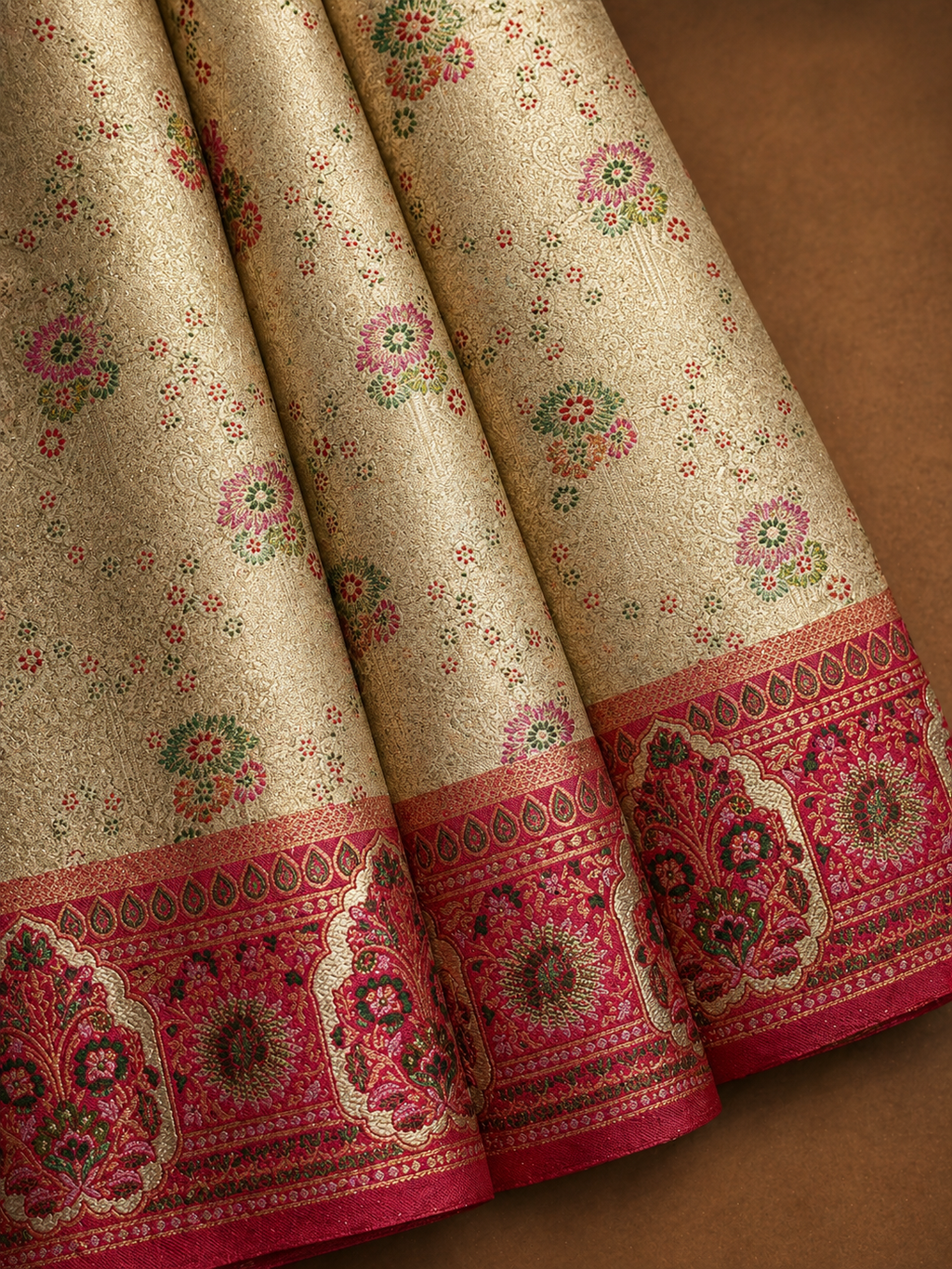 Antique Gold Soft Silk Kanjivaram Saree with Magenta Meenakari Medallion Border