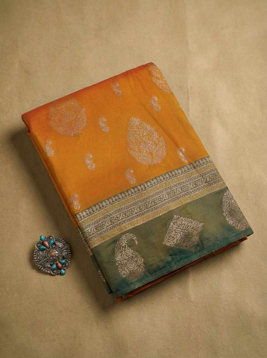Mustard Yellow & Teal Resham Silk Saree With Traditional Zari Border - No. AA2602
