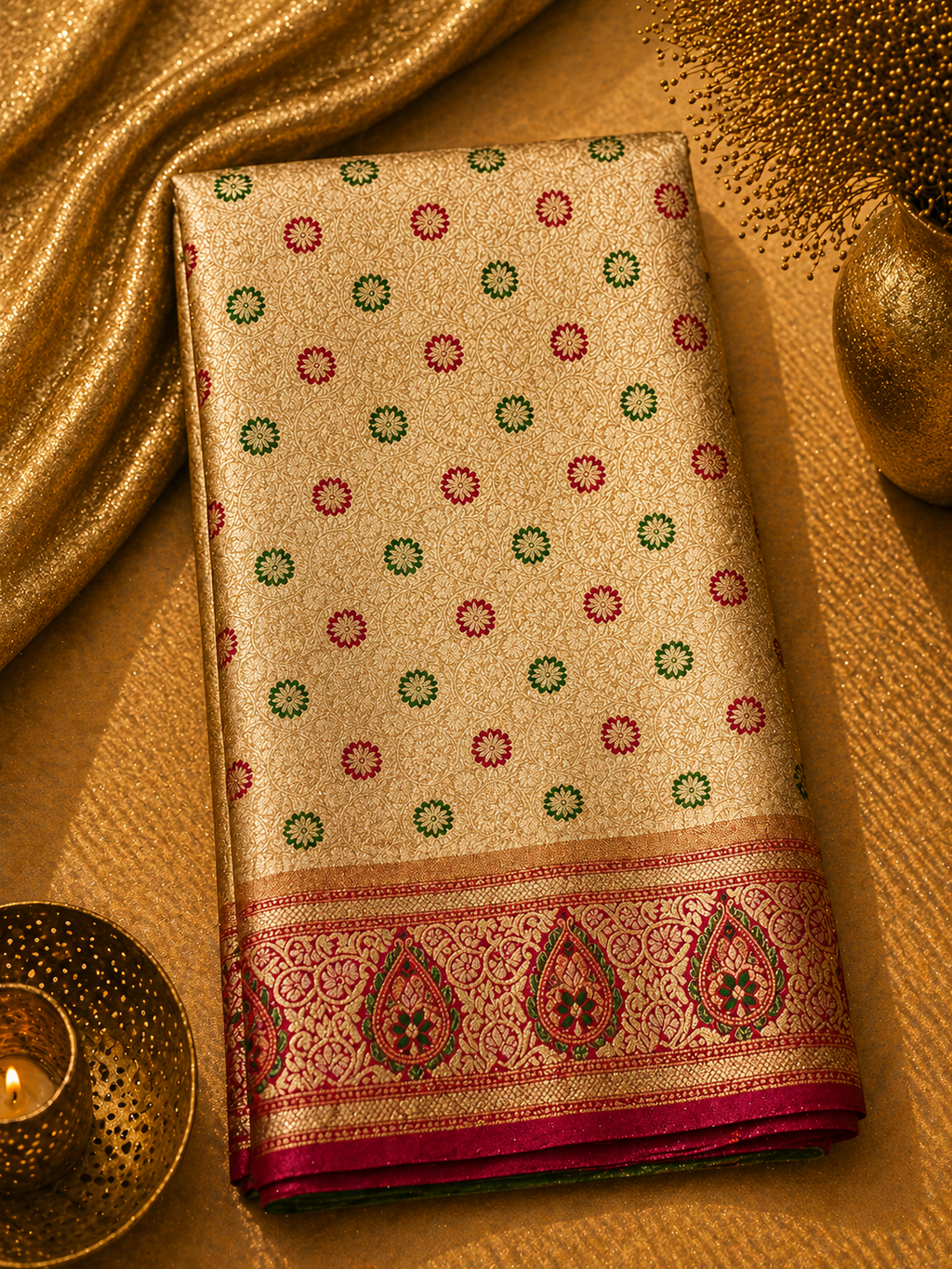 Cream Gold Soft Silk Kanjivaram Saree with Crimson Meenakari Butti and Paisley Border