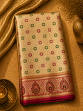 Cream Gold Soft Silk Kanjivaram Saree with Crimson Meenakari Butti and Paisley Border