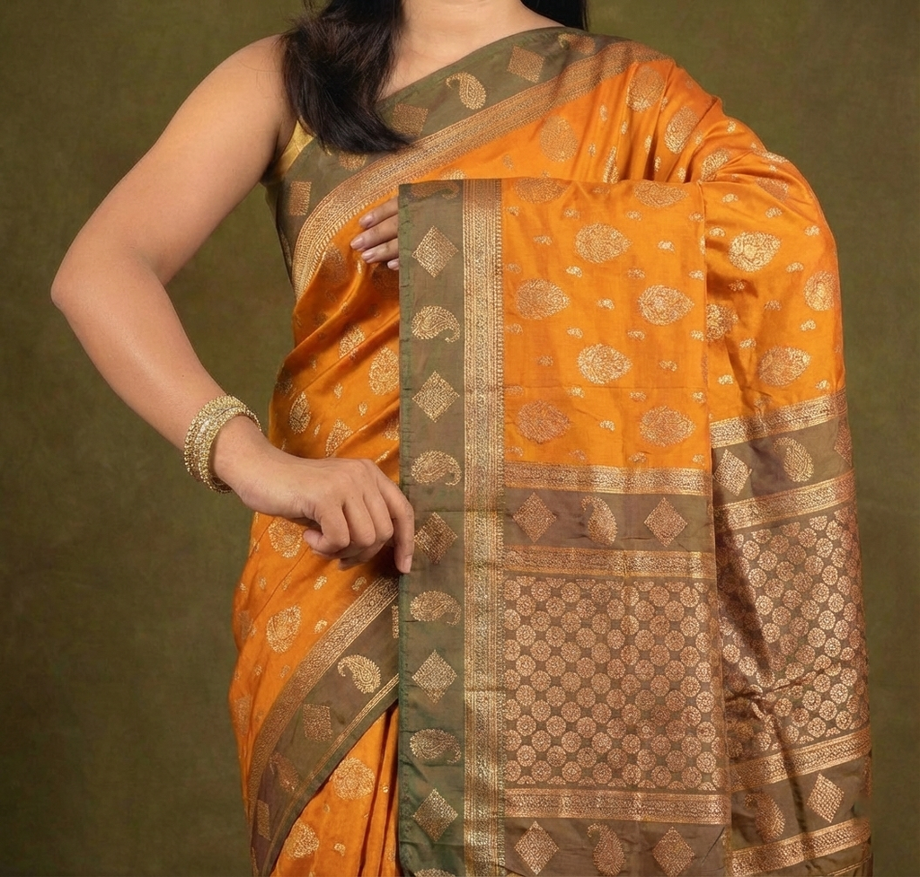 Mustard Yellow & Teal Resham Silk Saree With Traditional Zari Border - No. AA2602