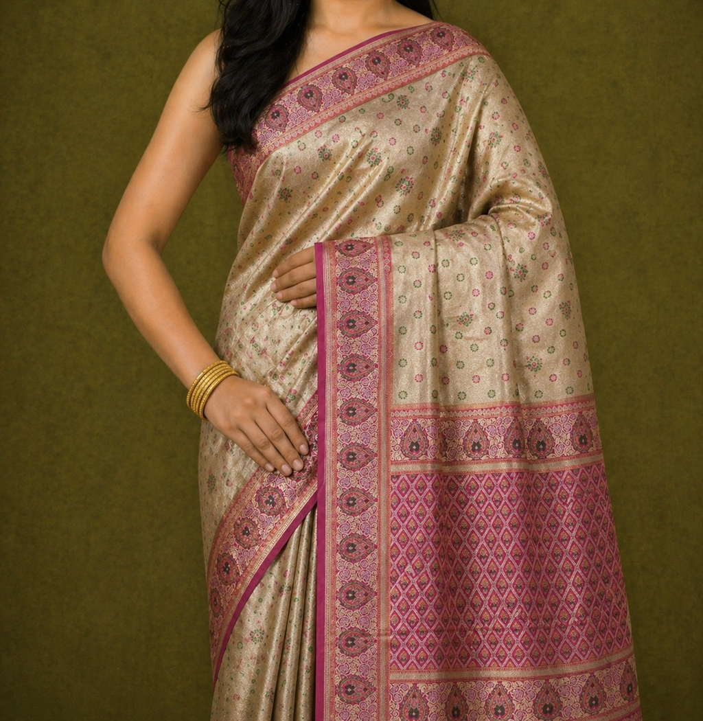 Cream Gold Soft Silk Kanjivaram Saree with Crimson Meenakari Butti and Paisley Border