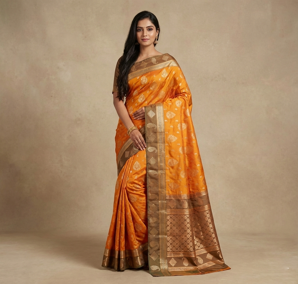 Mustard Yellow & Teal Resham Silk Saree With Traditional Zari Border - No. AA2602