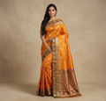Mustard Yellow & Teal Resham Silk Saree With Traditional Zari Border - No. AA2602