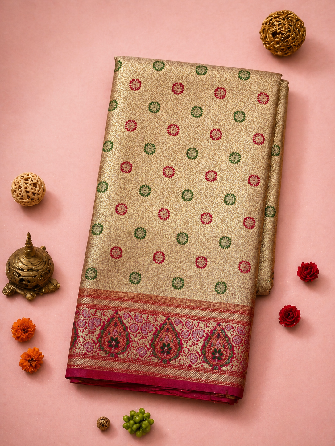 Cream Gold Soft Silk Kanjivaram Saree with Crimson Meenakari Butti and Paisley Border