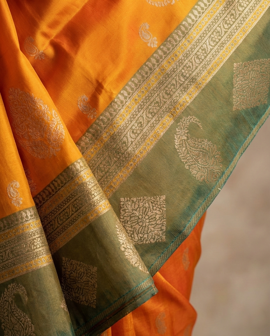 Mustard Yellow & Teal Resham Silk Saree With Traditional Zari Border - No. AA2602