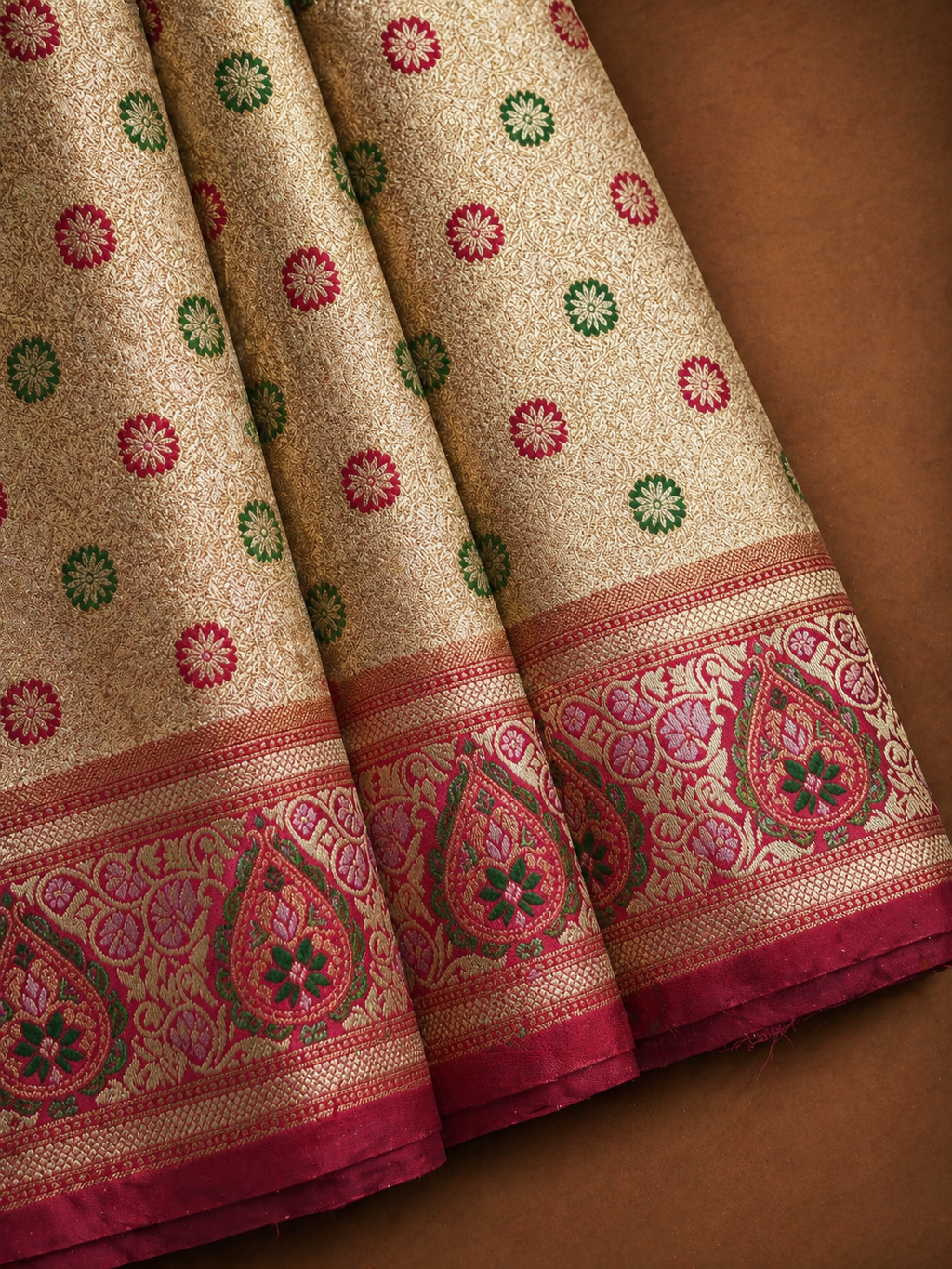 Cream Gold Soft Silk Kanjivaram Saree with Crimson Meenakari Butti and Paisley Border