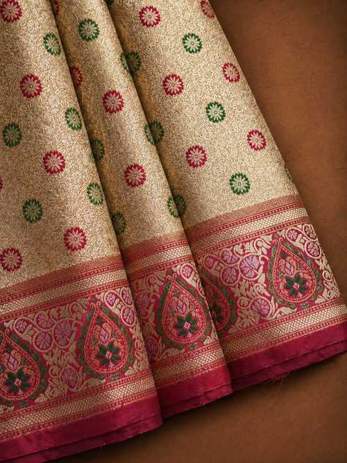 Cream Gold Soft Silk Kanjivaram Saree with Crimson Meenakari Butti and Paisley Border