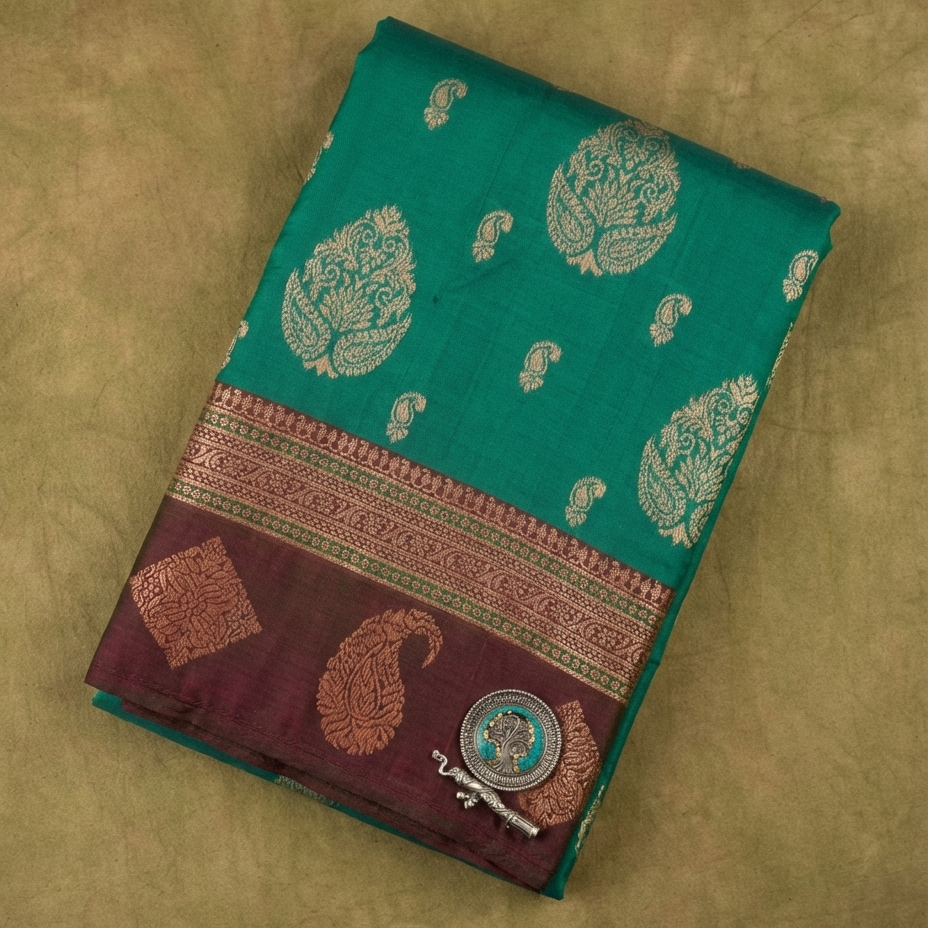 Sea Green & Maroon Resham Silk Saree With Gold Zari Butta - No. AA2602