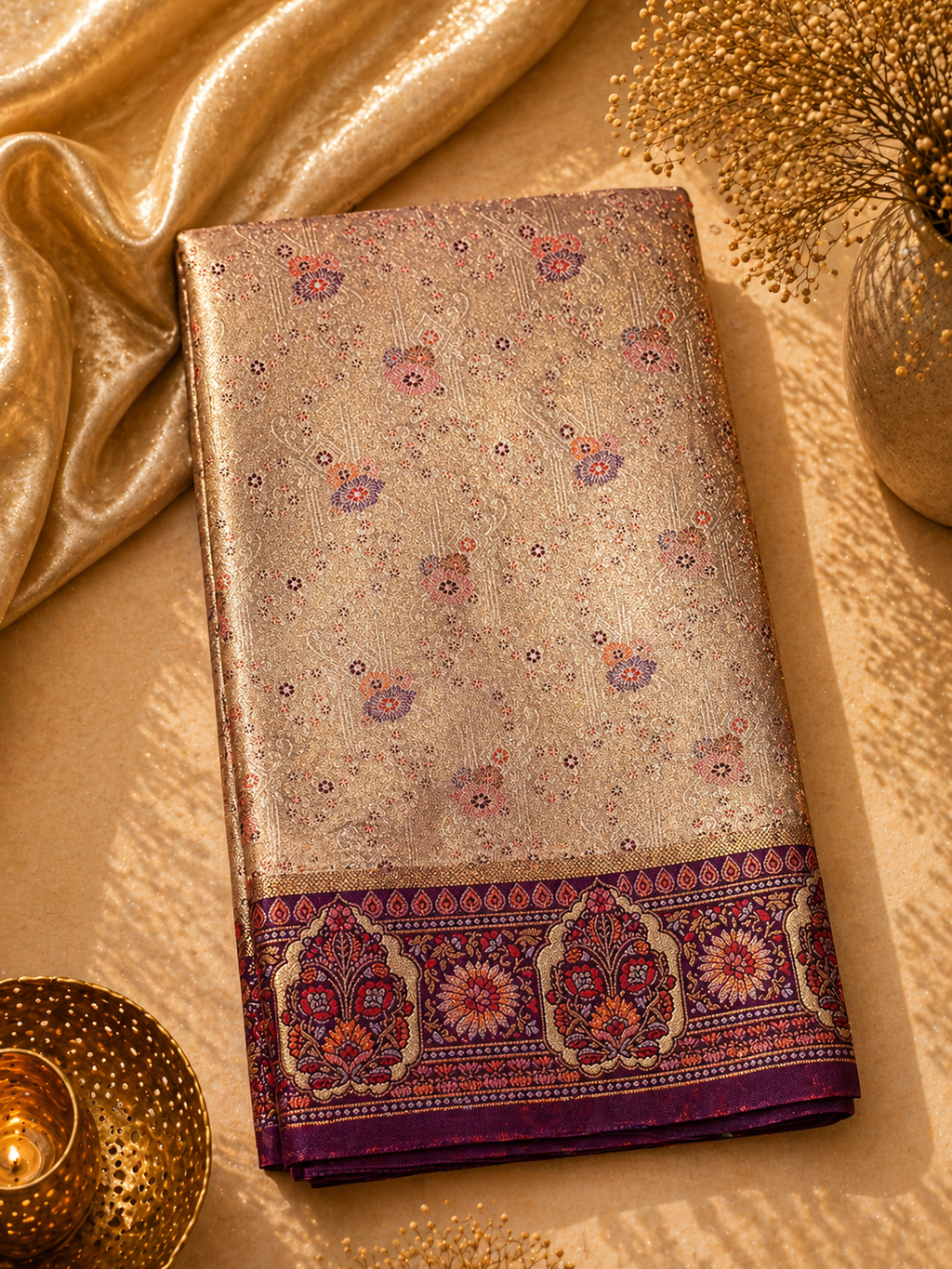 Antique Silver-Gold Soft Silk Kanjivaram Saree with Deep Purple Meenakari Medallion Border