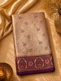 Antique Silver-Gold Soft Silk Kanjivaram Saree with Deep Purple Meenakari Medallion Border