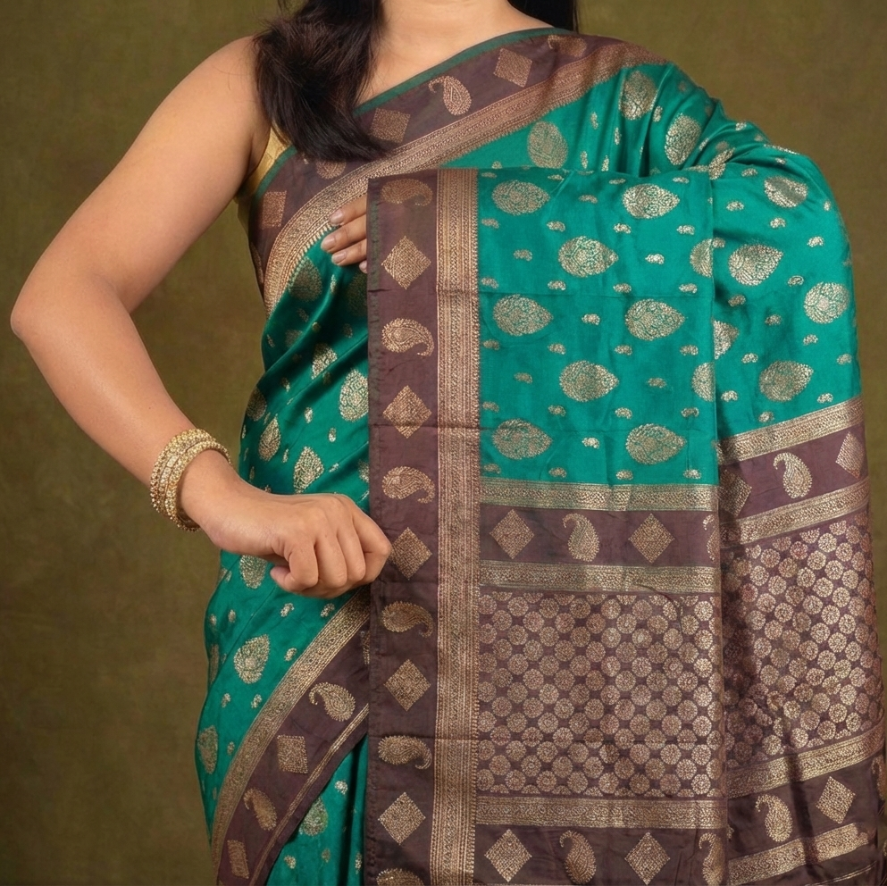 Sea Green & Maroon Resham Silk Saree With Gold Zari Butta - No. AA2602