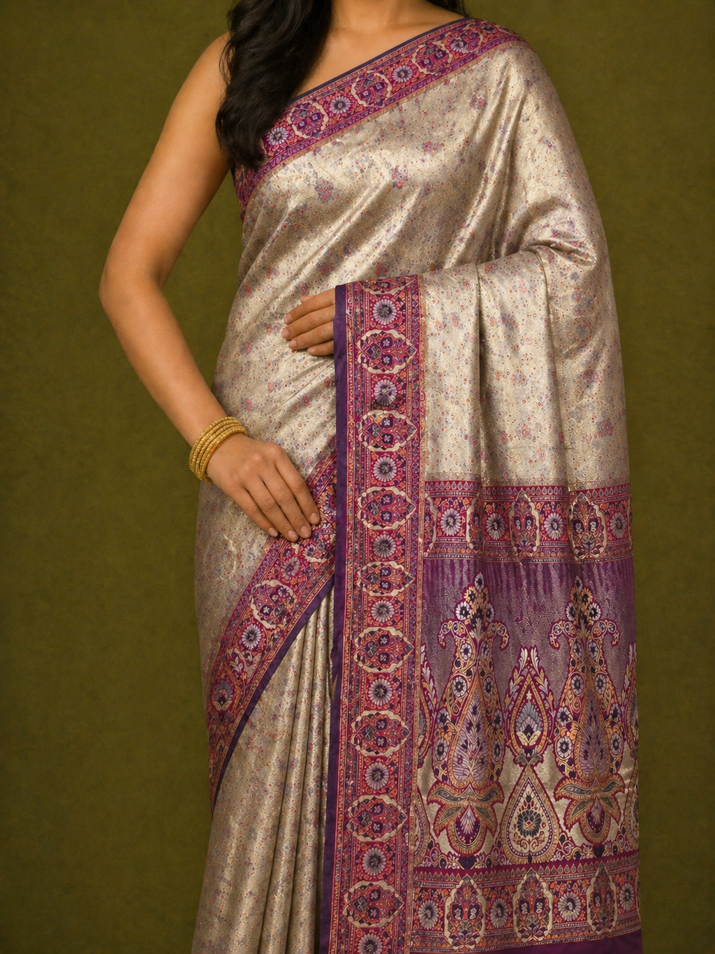 Antique Silver-Gold Soft Silk Kanjivaram Saree with Deep Purple Meenakari Medallion Border