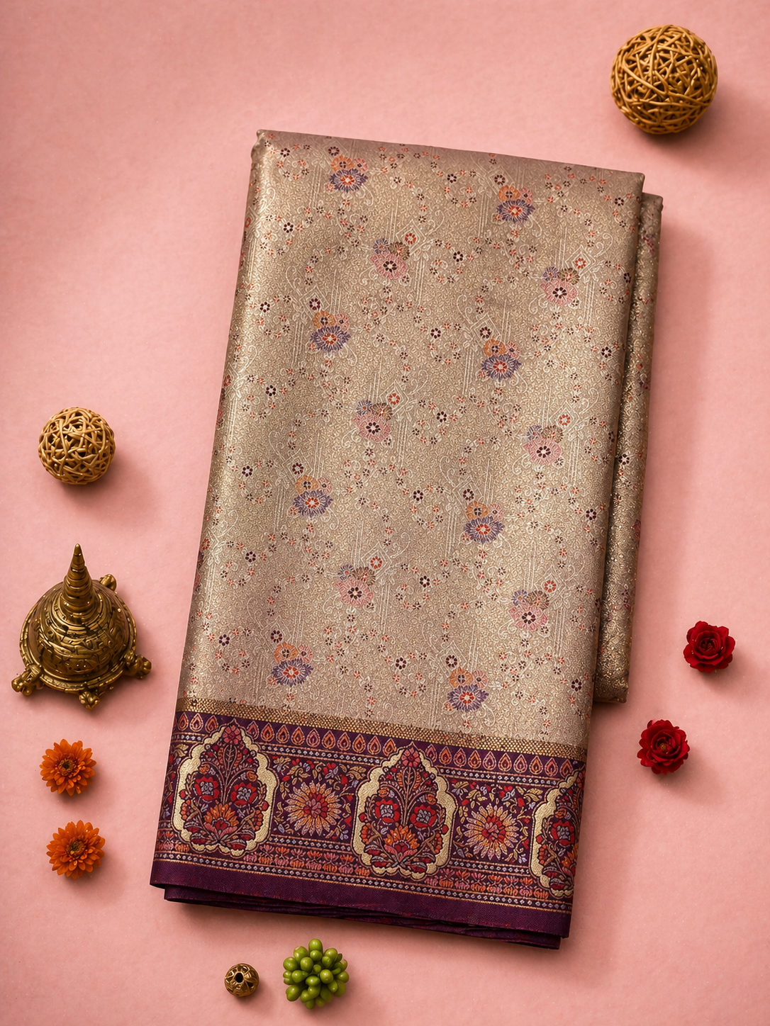 Antique Silver-Gold Soft Silk Kanjivaram Saree with Deep Purple Meenakari Medallion Border