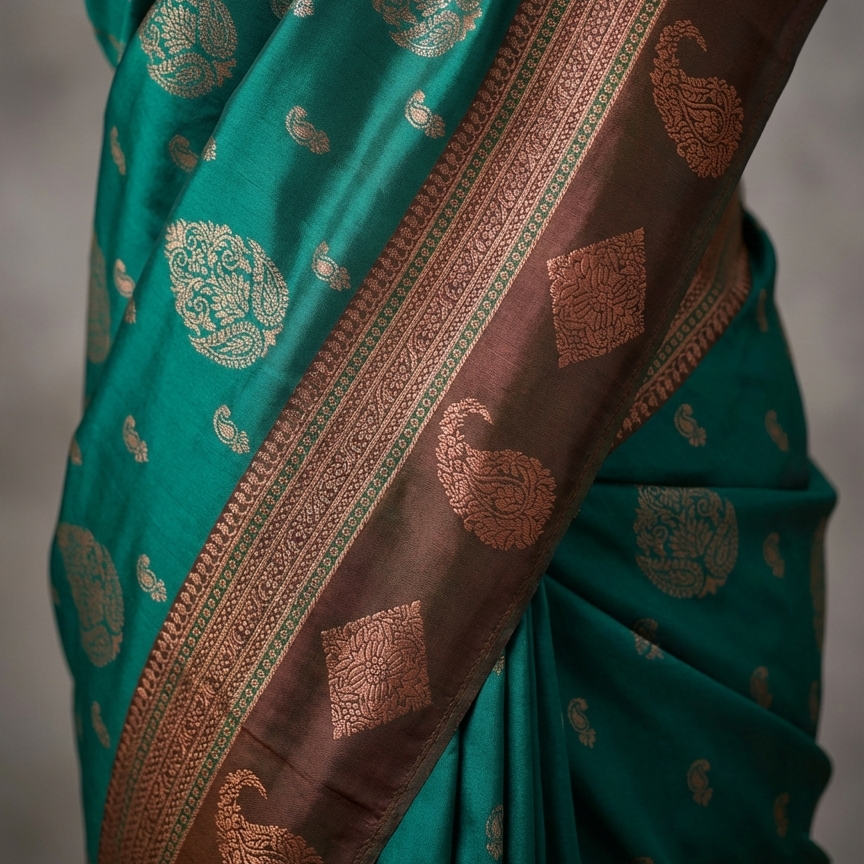 Sea Green & Maroon Resham Silk Saree With Gold Zari Butta - No. AA2602