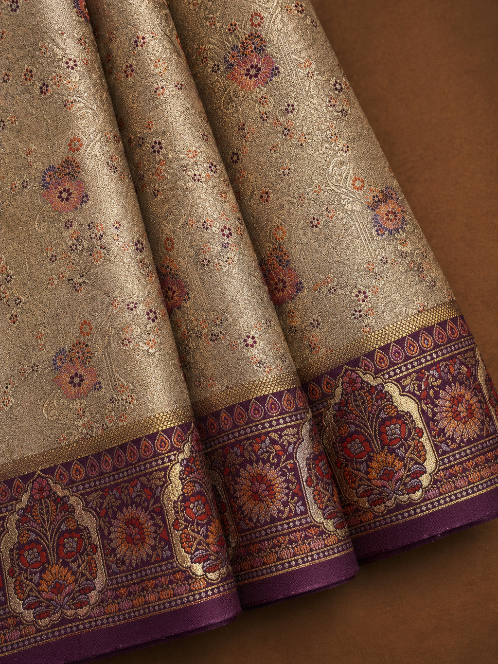 Antique Silver-Gold Soft Silk Kanjivaram Saree with Deep Purple Meenakari Medallion Border