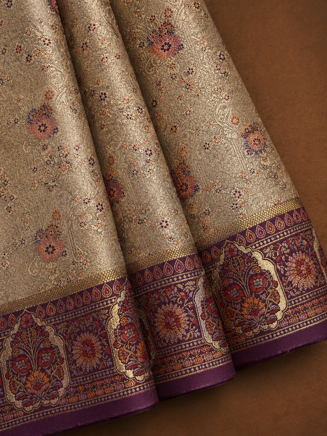 Antique Silver-Gold Soft Silk Kanjivaram Saree with Deep Purple Meenakari Medallion Border
