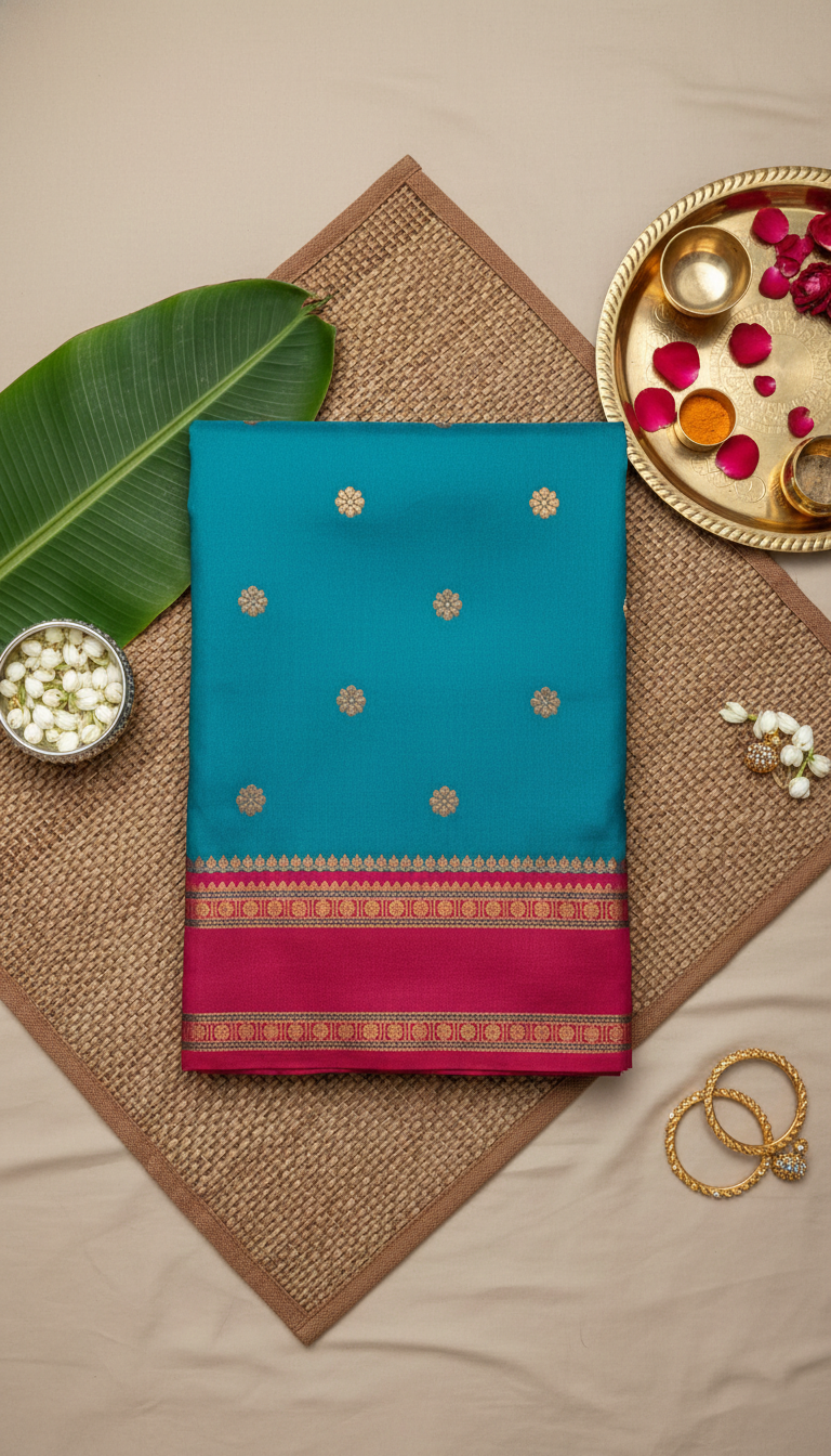 Teal Blue & Pink Narayan Peth Soft Silk Saree
