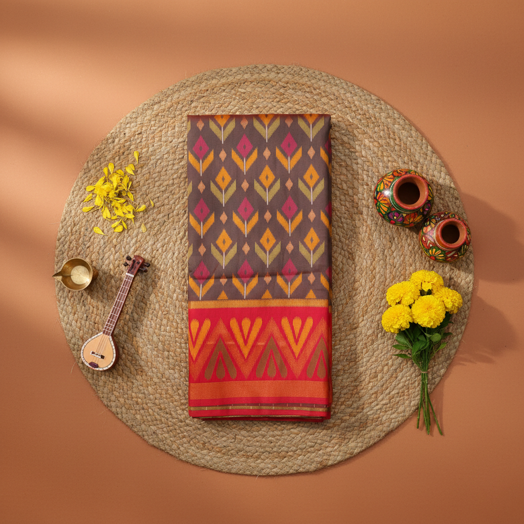 PIK-001 – Chocolate Brown & Red Pochampally Ikkat Silk Saree
