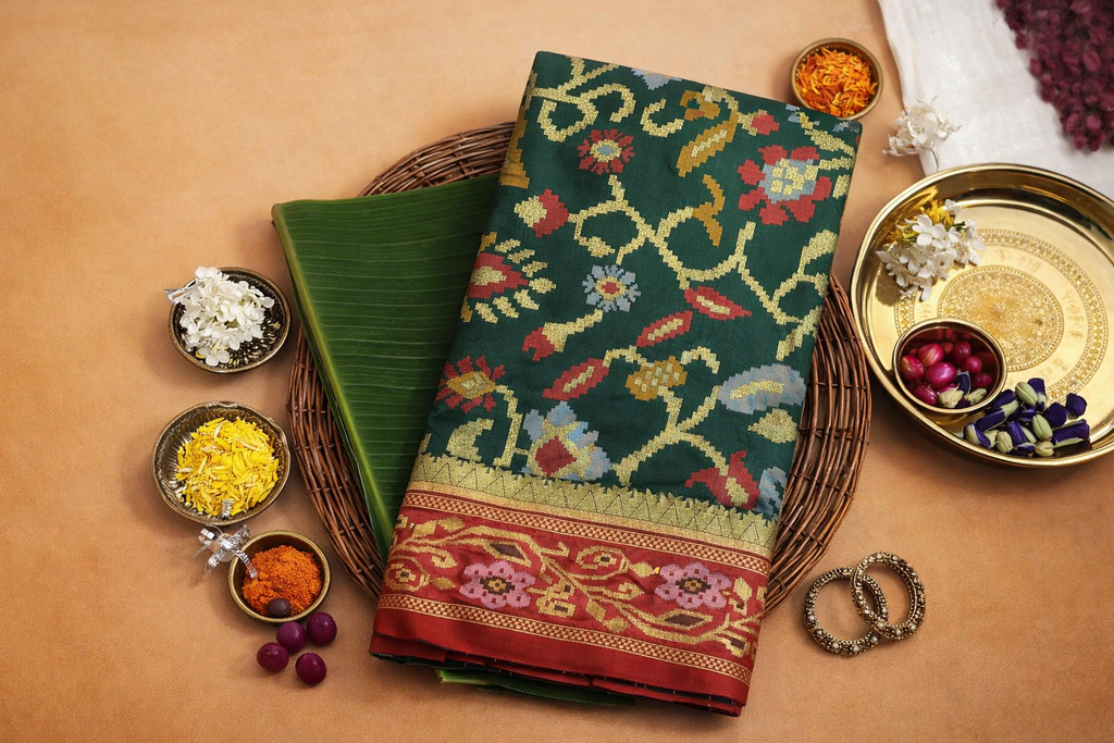 Emerald Green & Red Border Pochampally Ikat Soft Silk Saree