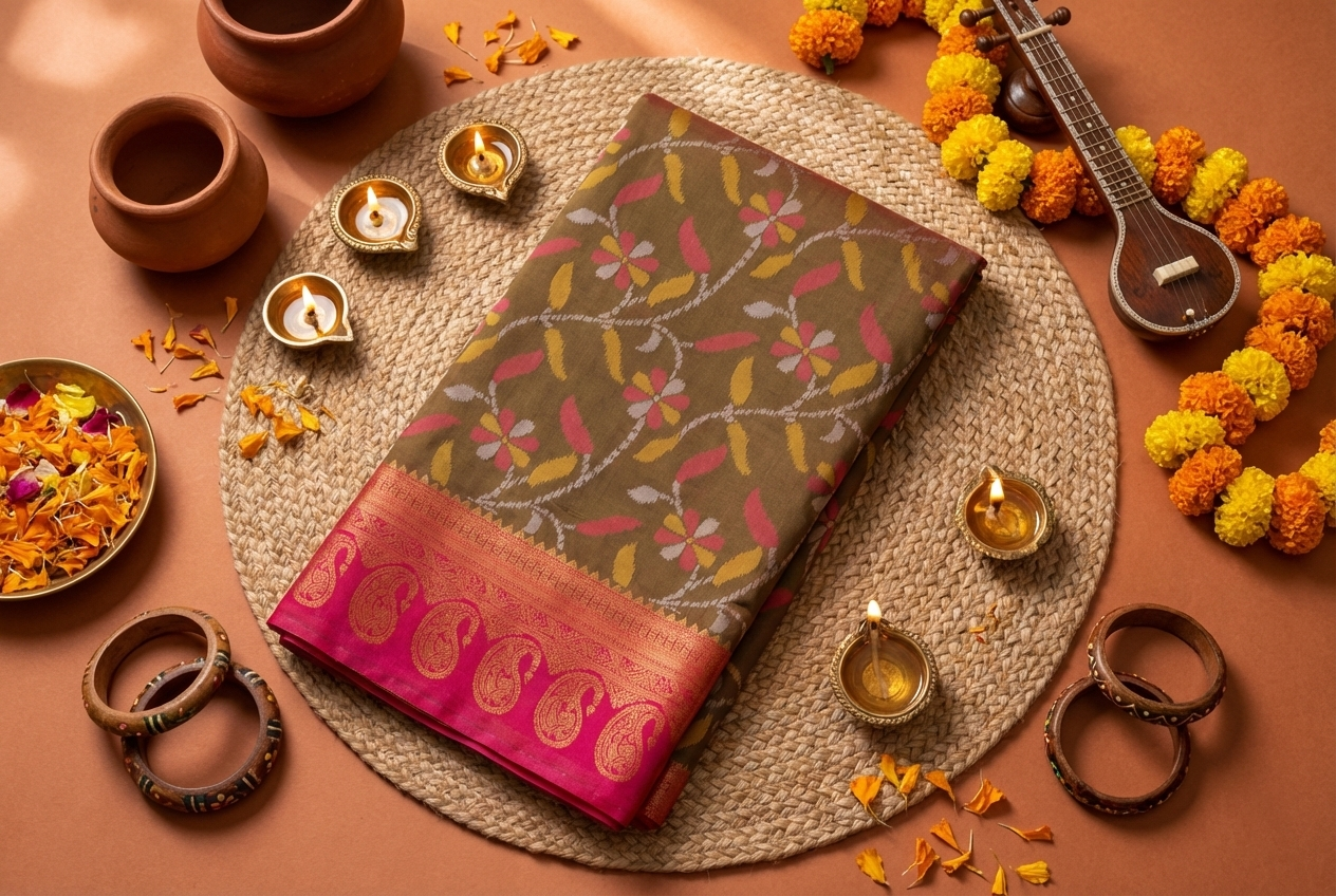Olive Brown & Pink Ikkat Woven Soft Silk Saree