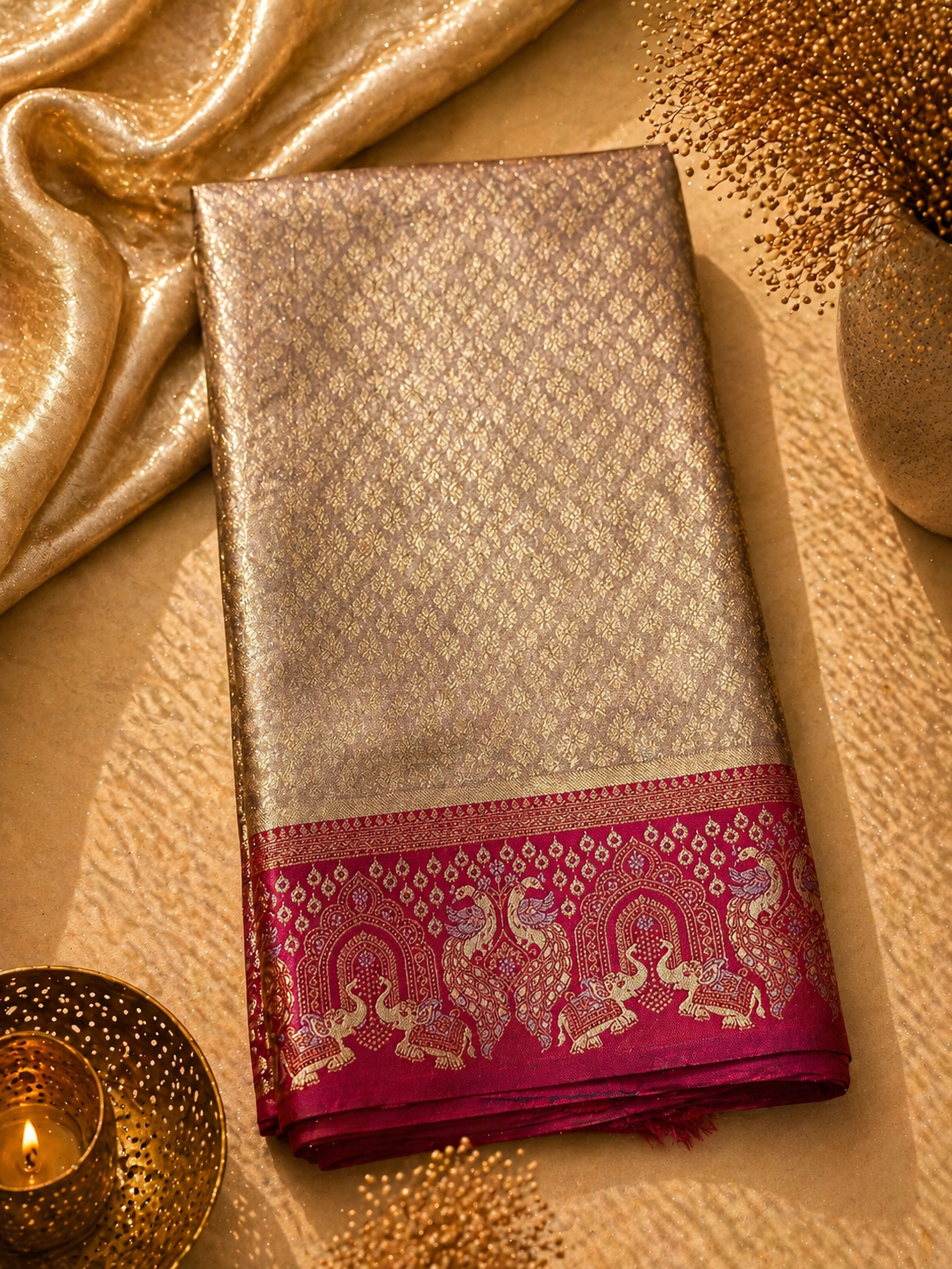 Antique Gold Soft Silk Kanjivaram Saree with Crimson Elephant & Peacock Border