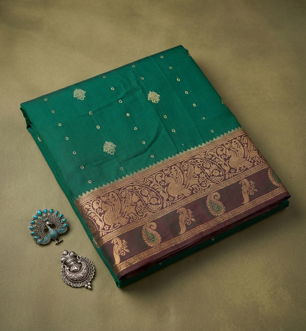 Royal Emerald Resham Silk Saree with Antique Zari Border