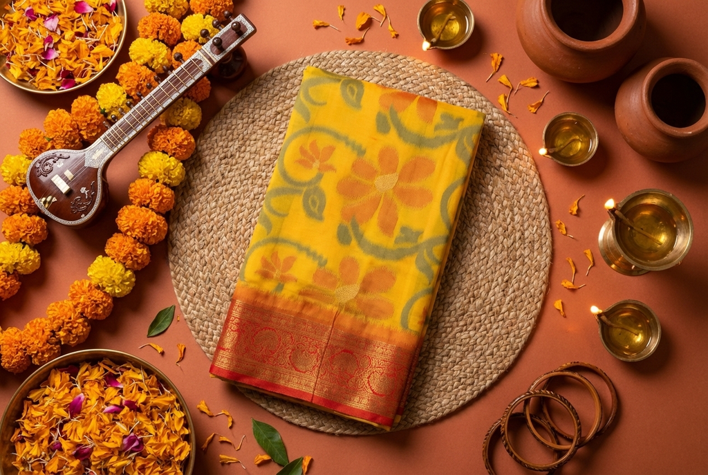 PI 11 Sunshine Yellow & Red Zari Floral Silk Saree