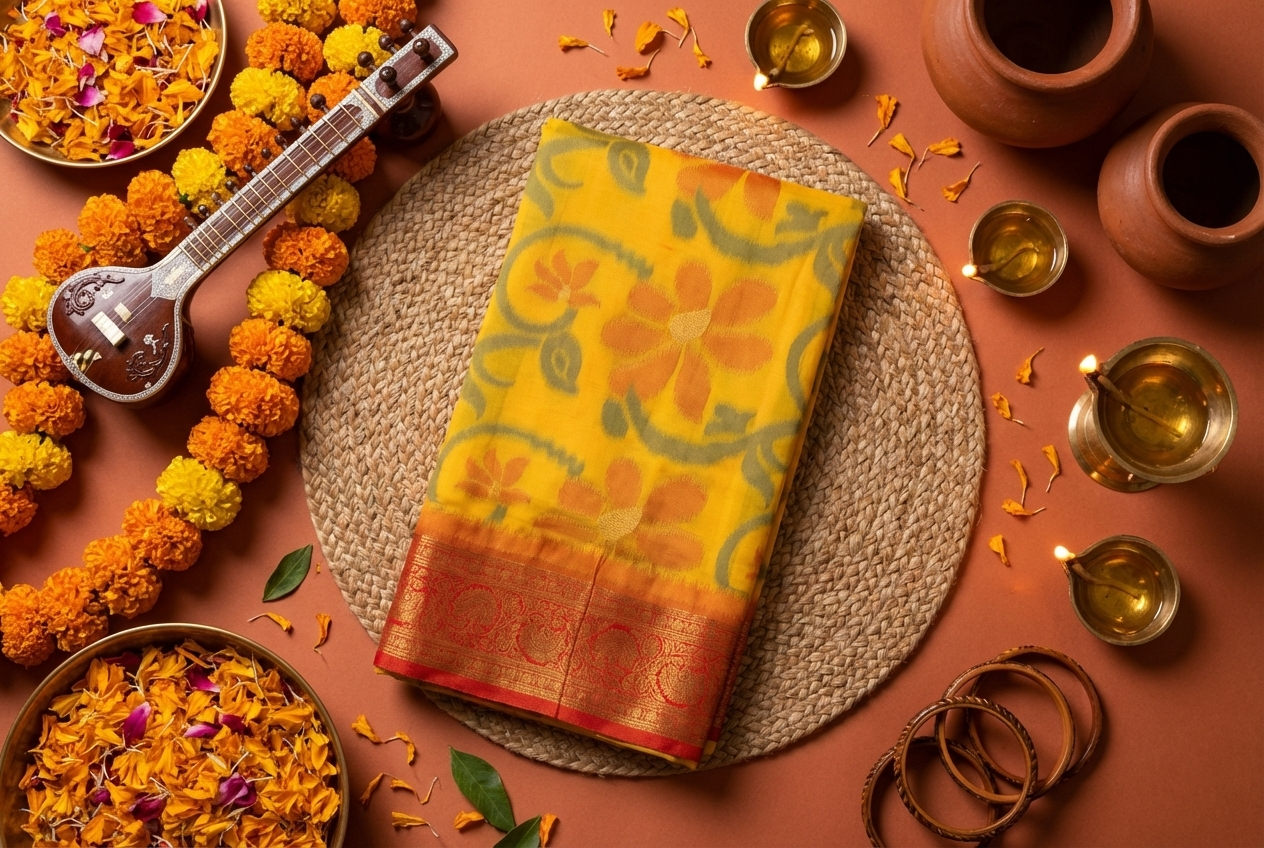 PI 11 Sunshine Yellow & Red Zari Floral Silk Saree
