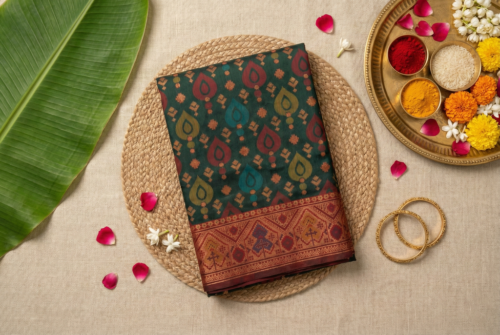 Deep Bottle Green & Maroon Pochampally Ikkat Silk Saree