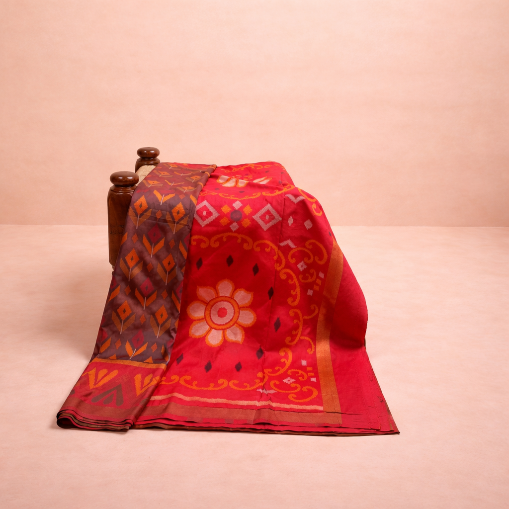 PIK-001 – Chocolate Brown & Red Pochampally Ikkat Silk Saree